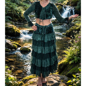 Green Tiered Ruffle Fairycore Corset Renaissance Boho 2 Piece outfit Encounter